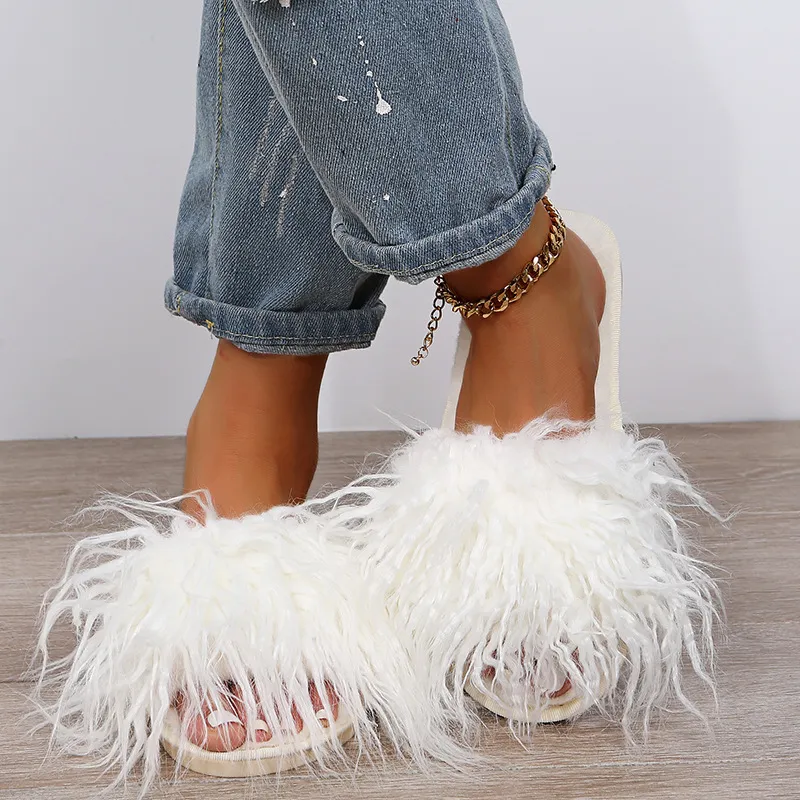 Autumn Winter Women Plus Size Plush Warm Flat Slippers TPR Sole Round Toe