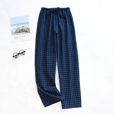 Men Casual Plaid Print Cotton Pajama Trousers with Drawstring
