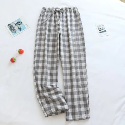Men Casual Plaid Print Cotton Pajama Trousers with Drawstring