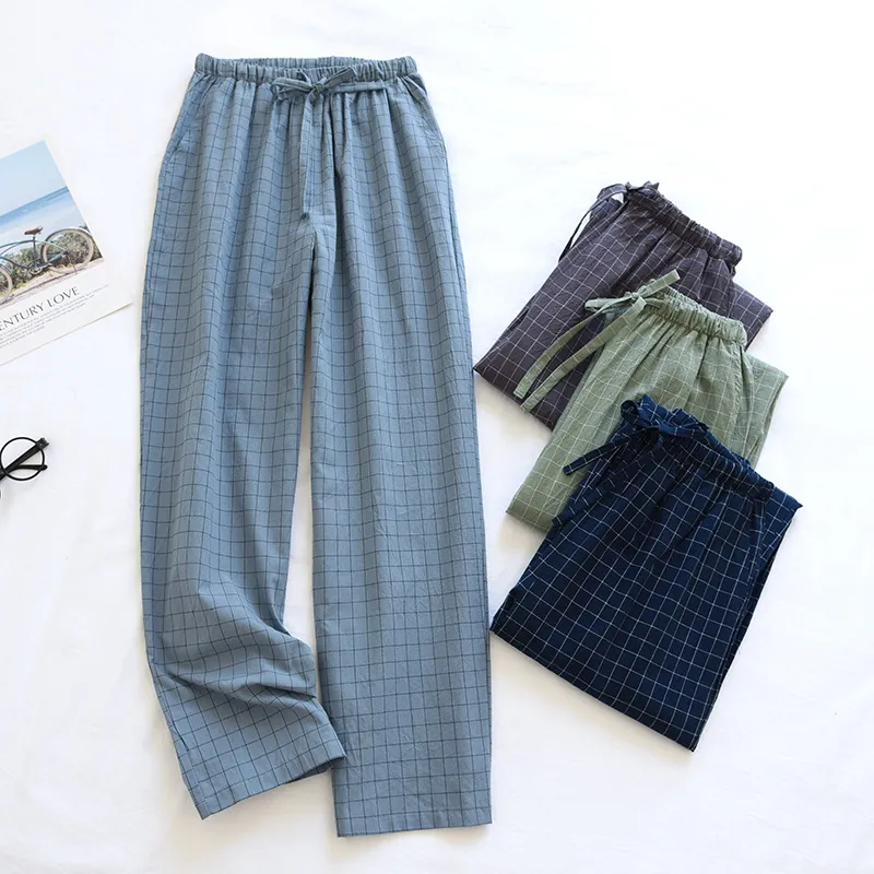 Men Casual Plaid Print Cotton Pajama Trousers with Drawstring