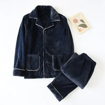 Men Autumn Winter Casual House Pajamas Solid Color Flannel Long Sleeve Lapel Top Trousers Sets
