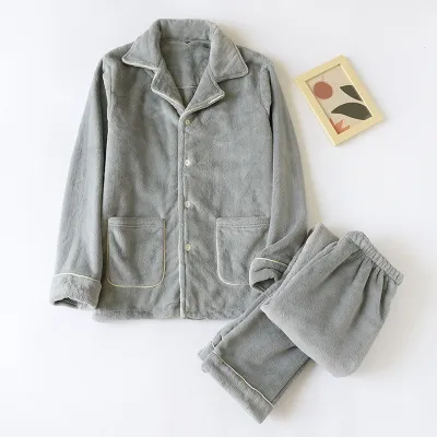 Men Autumn Winter Casual House Pajamas Solid Color Flannel Long Sleeve Lapel Top Trousers Sets
