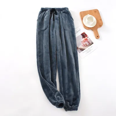 Men Flannel Pajamas Solid Color Casual House Trousers Autumn Winter
