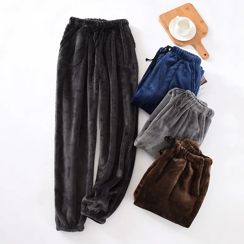 Men Flannel Pajamas Solid Color Casual House Trousers Autumn Winter
