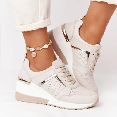 Summer Women Casual Plus Size Mesh Breathable Lace-Up Wedge Heel Sneaker