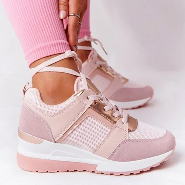 Summer Women Casual Plus Size Mesh Breathable Lace-Up Wedge Heel Sneaker