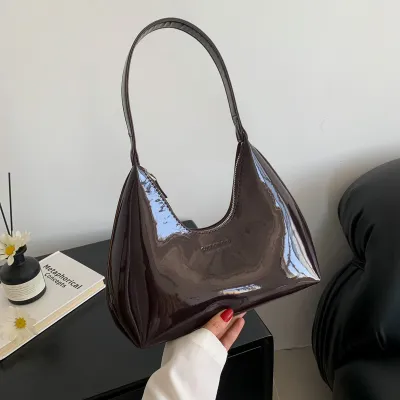 Women's Fashionable Solid Color Patent Leather Shoulder Bag with Zipper Closure