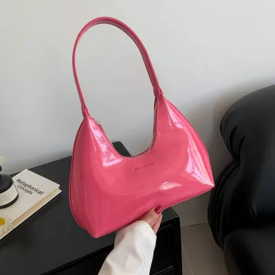 Women's Fashionable Solid Color Patent Leather Shoulder Bag with Zipper Closure
