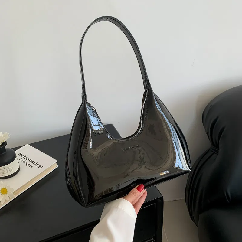Women's Fashionable Solid Color Patent Leather Shoulder Bag with Zipper Closure