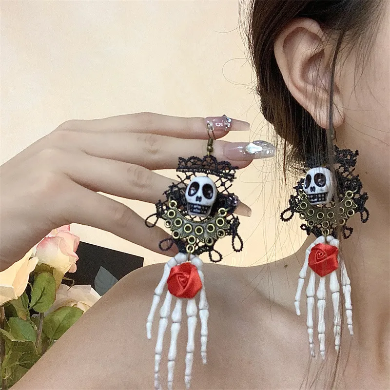 Gothic Vintage Black Lace Skull Earrings Alloy Blade Chain