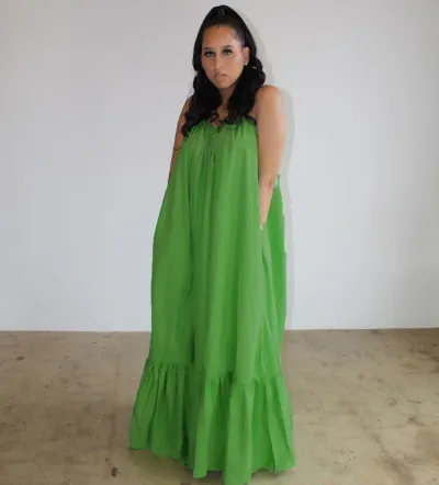 Summer Women Loose Solid Color Sling Maxi Dress with Pile Sleeve
