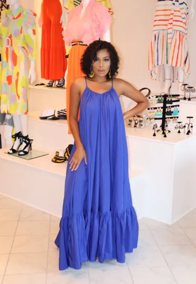 Summer Women Loose Solid Color Sling Maxi Dress with Pile Sleeve