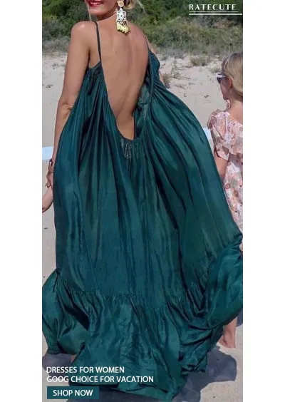 Summer Women Loose Solid Color Sling Maxi Dress with Pile Sleeve