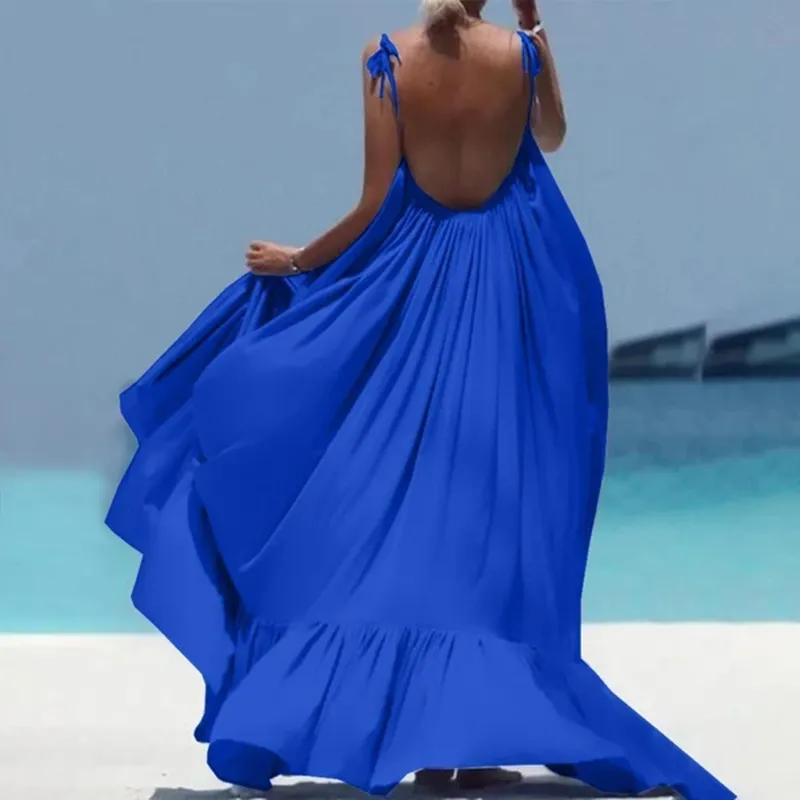 Summer Women Loose Solid Color Sling Maxi Dress with Pile Sleeve