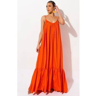 Summer Women Loose Solid Color Sling Maxi Dress with Pile Sleeve