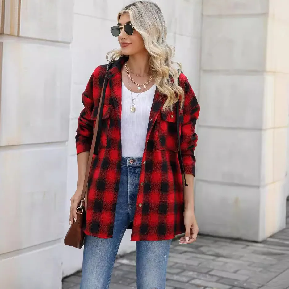 Autumn Winter Women Fashion Loose Plaid Long-Sleeved Hooded Woolen Coat