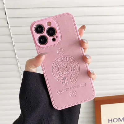 Simple Solid Color Embossed Faux Leather Apple Phone Case