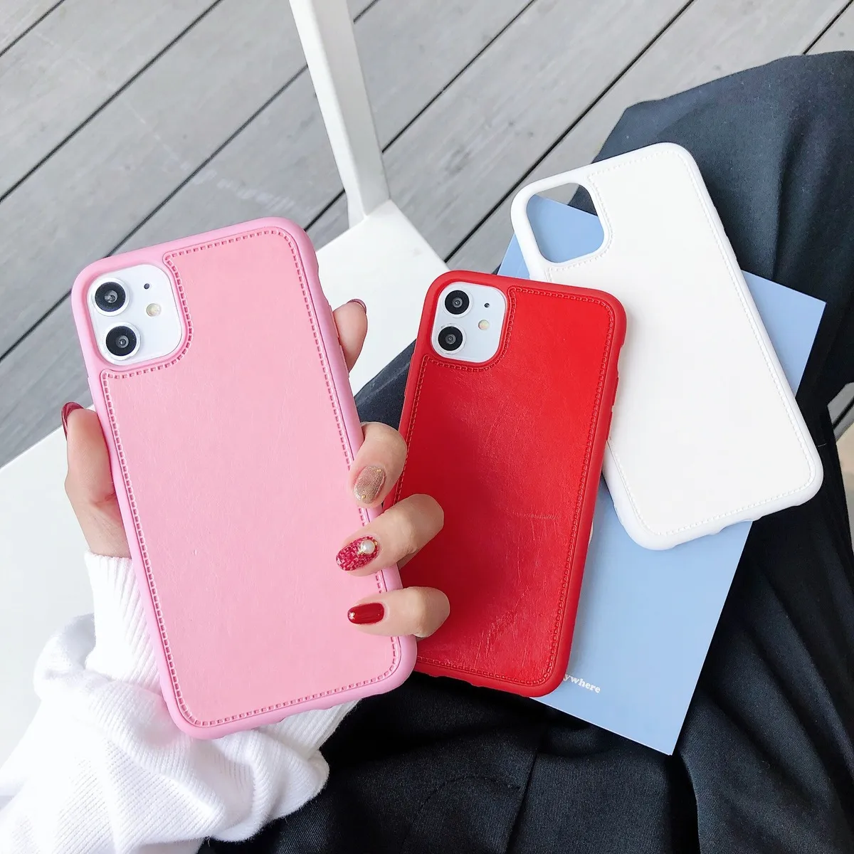 Simple Solid Color Embossed Faux Leather Apple Phone Case