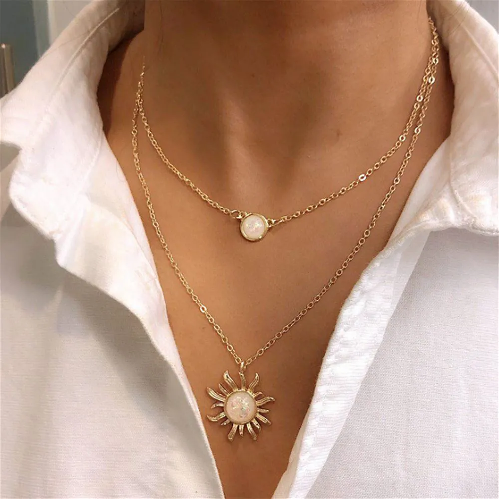 Fashion Multi-Layer Sunflower Opal Alloy Bamboo Chain Necklace Boho Choker
