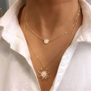 Fashion Multi-Layer Sunflower Opal Alloy Bamboo Chain Necklace Boho Choker