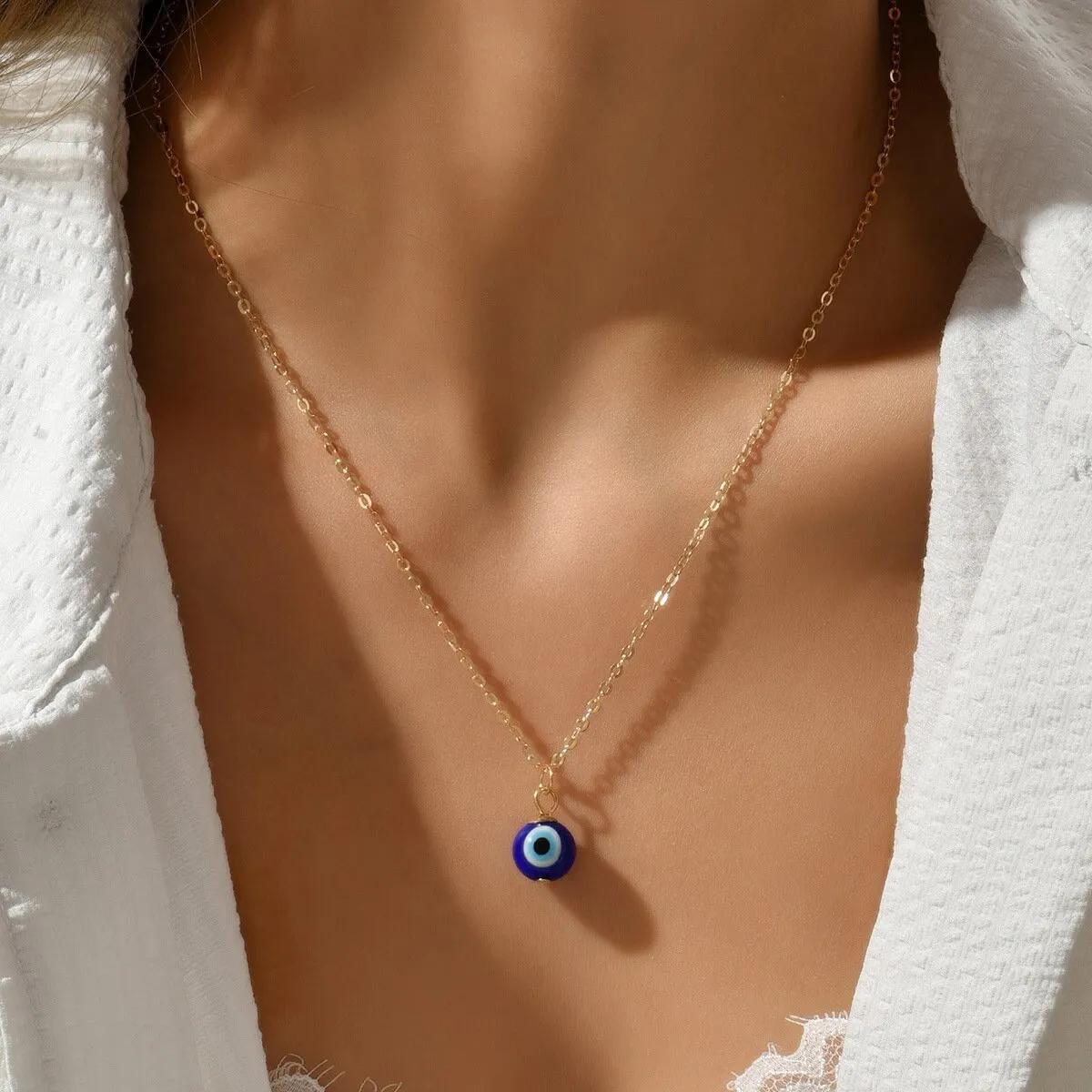 Round Evil Eye Bead Glass Ball Pendant Water Wave Chain Necklace