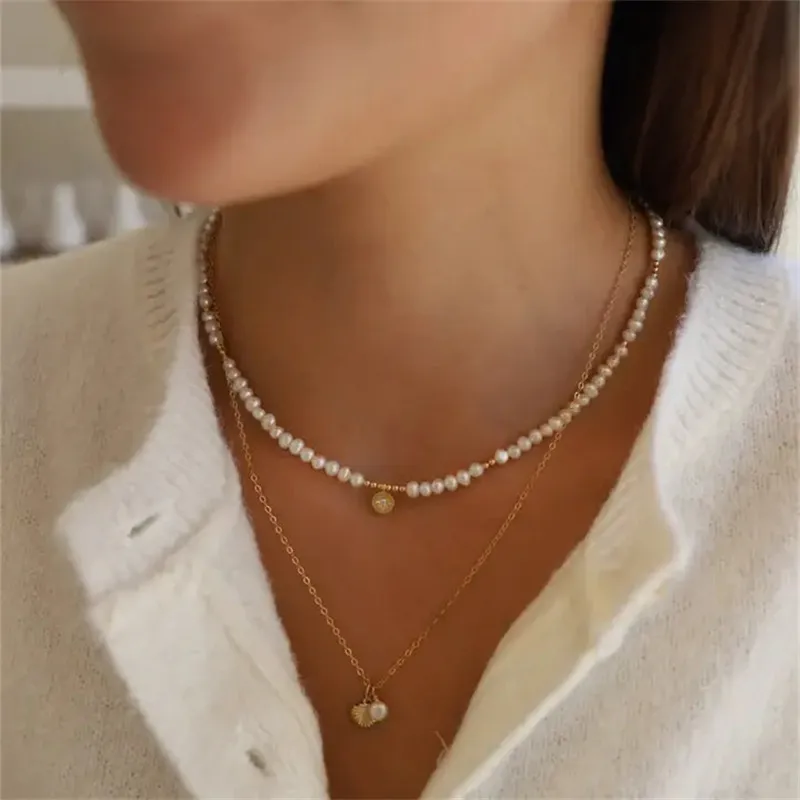 Vintage Natural Pearl Shell Pendant Overlapping Clavicle Chain Necklace