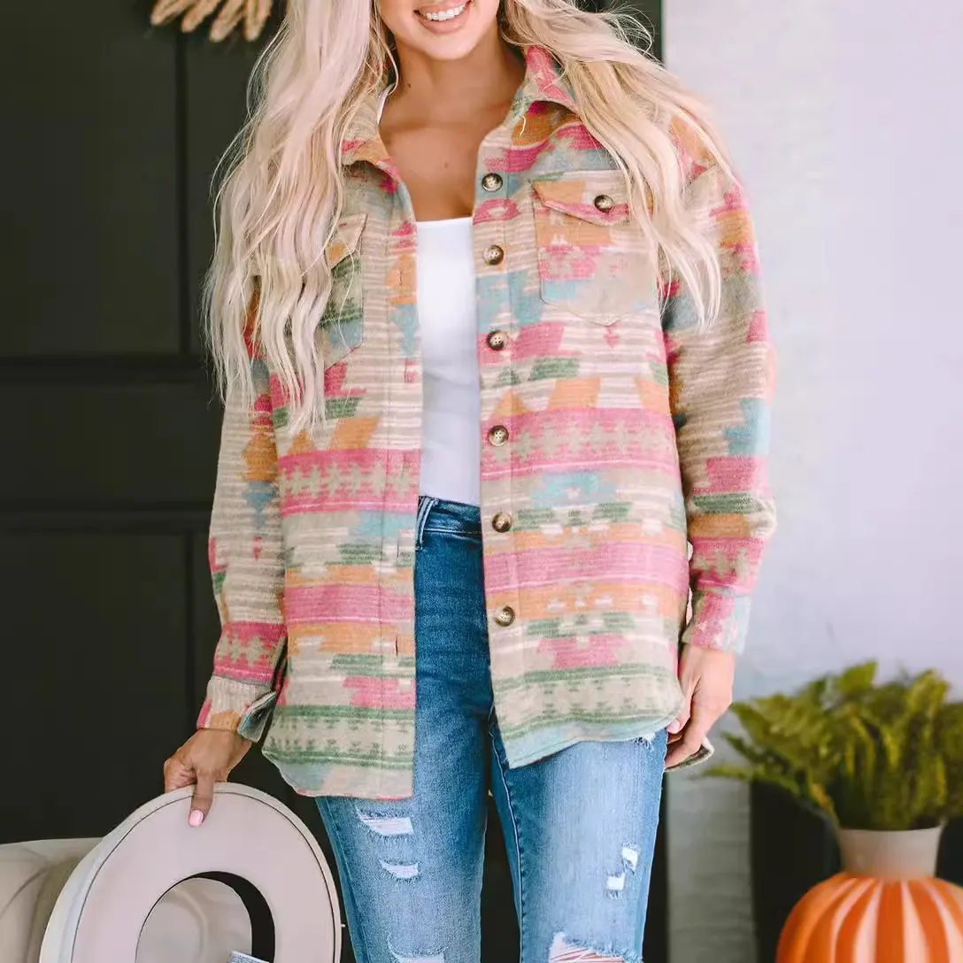 Western Autumn Winter Women Retro Geometric Long-Sleeved Woolen Coat