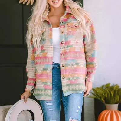 Western Autumn Winter Women Retro Geometric Long-Sleeved Woolen Coat