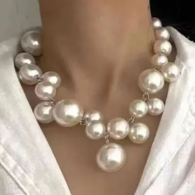 Exaggerated Creative Handmade Round Bead Imitation Pearl Tassel Necklace