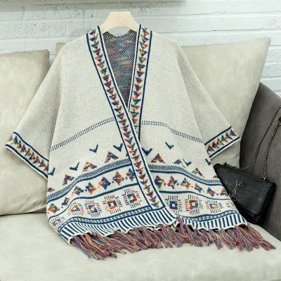 Women's Geometric Jacquard Tassel Cape Coat - Street Hipster Casual Loose Fit