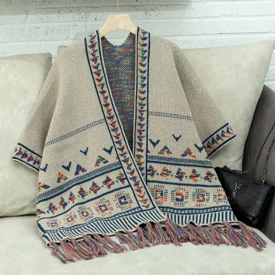 Women's Geometric Jacquard Tassel Cape Coat - Street Hipster Casual Loose Fit