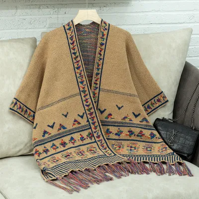 Women's Geometric Jacquard Tassel Cape Coat - Street Hipster Casual Loose Fit