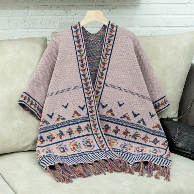 Women's Geometric Jacquard Tassel Cape Coat - Street Hipster Casual Loose Fit