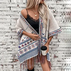 Women's Geometric Jacquard Tassel Cape Coat - Street Hipster Casual Loose Fit