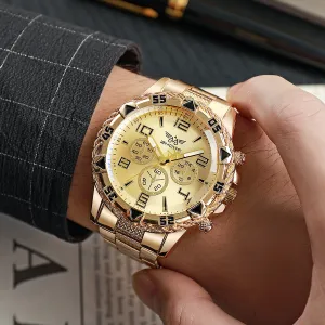 Men Business Casual Fake Three Eyes Steel Band Watch with Analog Quartz Movement