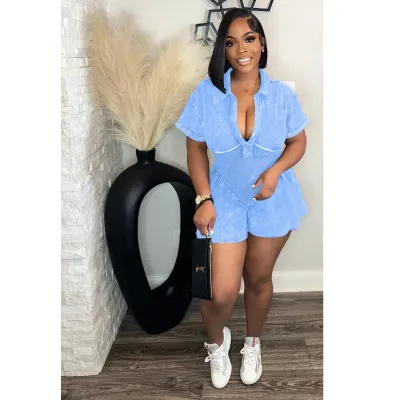 Women Washed Print A-Line Deep V Neck Elastic Waist Short-Sleeved Cargo Rompers