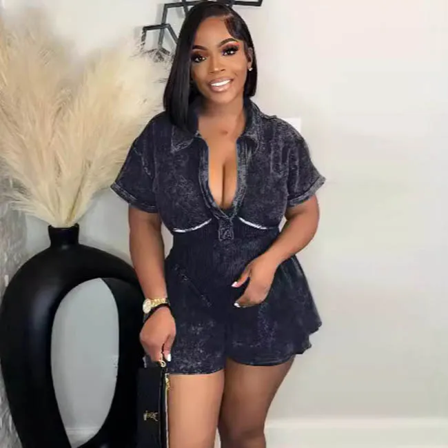 Women Washed Print A-Line Deep V Neck Elastic Waist Short-Sleeved Cargo Rompers