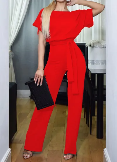 Women Summer Fashion Lace-Up Button Short-Sleeved Elegant Office Chic Jumpsuit
