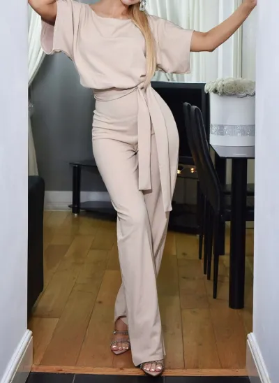 Women Summer Fashion Lace-Up Button Short-Sleeved Elegant Office Chic Jumpsuit