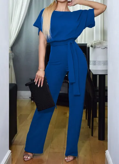Women Summer Fashion Lace-Up Button Short-Sleeved Elegant Office Chic Jumpsuit