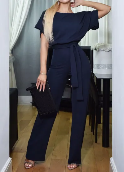 Women Summer Fashion Lace-Up Button Short-Sleeved Elegant Office Chic Jumpsuit