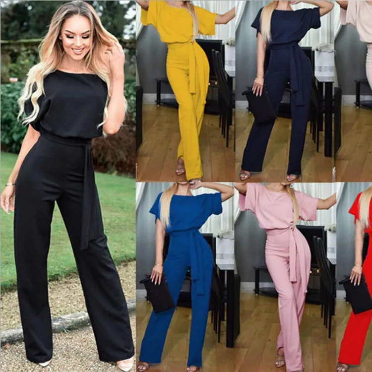 Women Summer Fashion Lace-Up Button Short-Sleeved Elegant Office Chic Jumpsuit