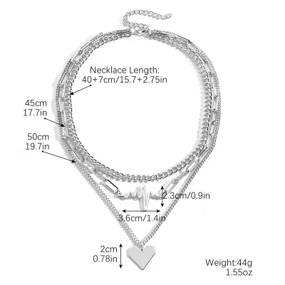 Women Fashion Metal Heart Pendant Ecg Multi-Layer Necklace
