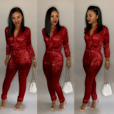 Sexy Women Fashion Party Long Sleeve Sequin Jumpsuits