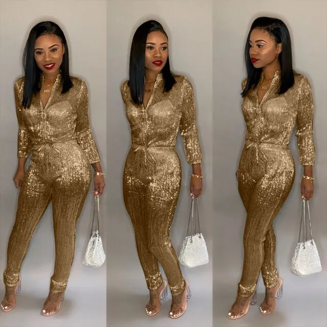Sexy Women Fashion Party Long Sleeve Sequin Jumpsuits