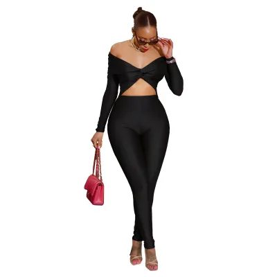 Women Sexy Off-Shoulder Cut-Out High Waist Long Sleeve Jumpsuit