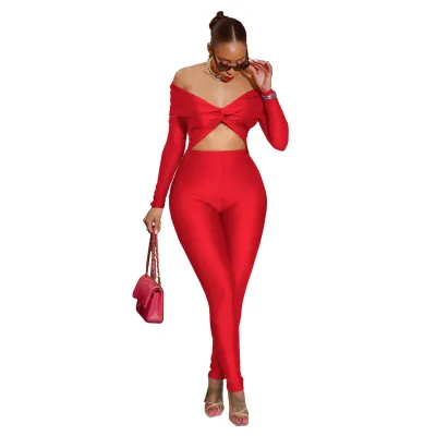 Women Sexy Off-Shoulder Cut-Out High Waist Long Sleeve Jumpsuit