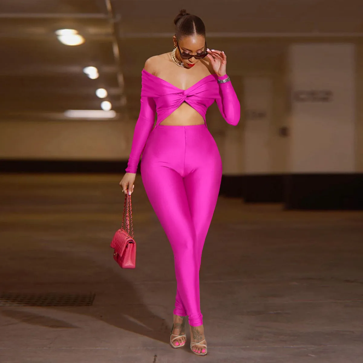 Women Sexy Off-Shoulder Cut-Out High Waist Long Sleeve Jumpsuit