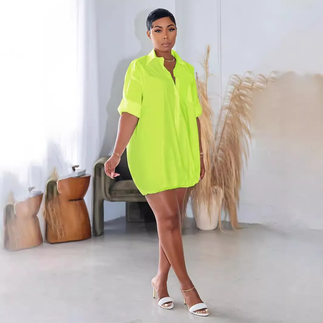 Women Autumn Solid Color Button Loose Shirt Dress
