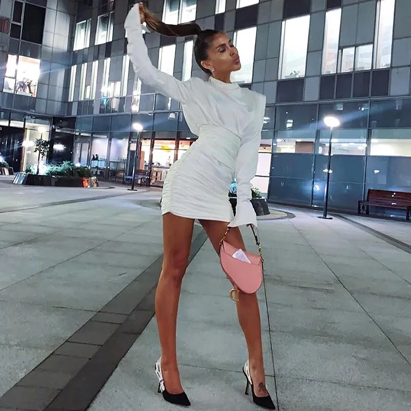 Autumn Winter Women Long Sleeve Pleated Waist Dress
